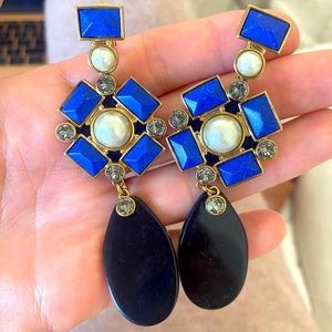 Tory Burch Geometric Drop Statement Earrings Blue Black Pearl Gold Clip On
